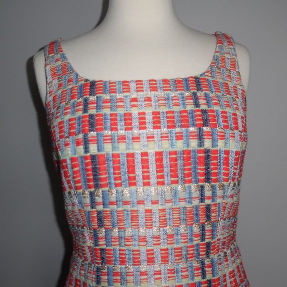 Tory Burch Tweed Red Blue Ribbon Sleeveless Metallic Career Work Shift Dress XS - Picture 3 of 10